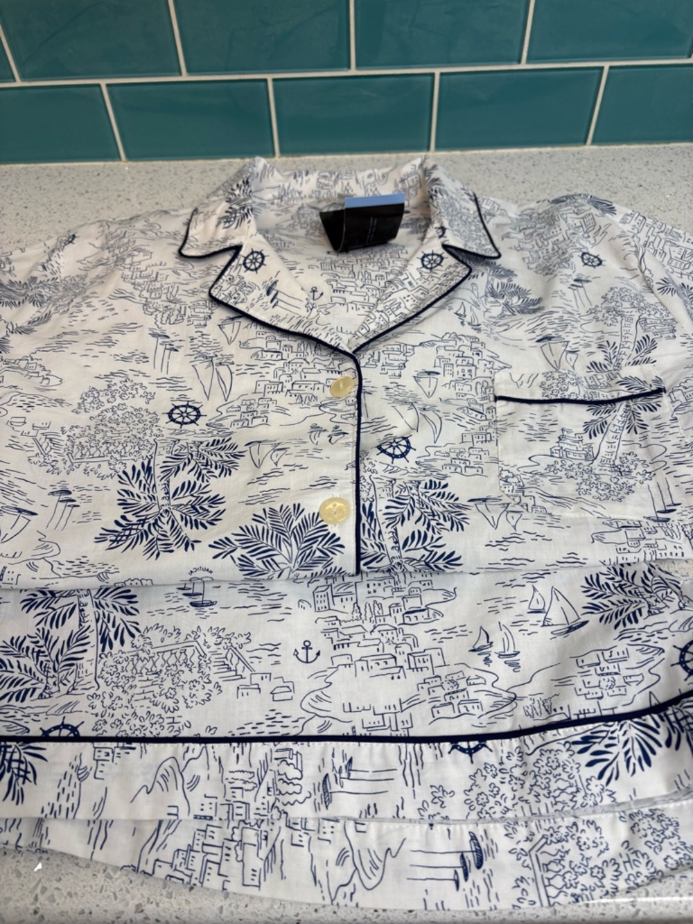 Nautical Print Cotton Pajama Top and shorts — White with Navy Trim Size 3X